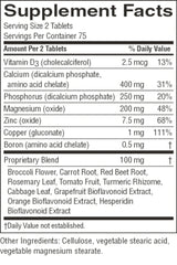 A close-up of a supplement facts label showing a 'Proprietary Blend' of broccoli flower, carrot root, red beet root, rosemary leaf, tomato fruit, turmeric rhizome, grapefruit extract, orange bioflavonoid extract, and hesperidin extract, with listed nutrients and daily value percentages.