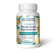 A white plastic bottle of Nature's Sunshine Children's Whole Foods Papayazyme chewable supplement, featuring a colorful label with illustrations of pineapples and mangoes on a white background.