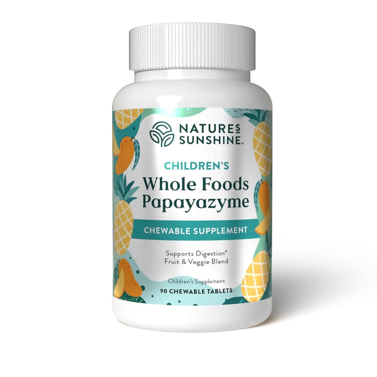 A white plastic bottle of Nature's Sunshine Children's Whole Foods Papayazyme chewable supplement, featuring a colorful label with illustrations of pineapples and mangoes on a white background.