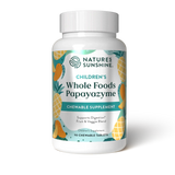 A white plastic bottle of Nature's Sunshine Children's Whole Foods Papayazyme chewable supplement, featuring a colorful label with illustrations of pineapples and mangoes on a white background.