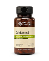 A bottle of Nature's Sunshine Goldenseal herbal supplement with a black cap and amber-brown bottle, shown on a clean white background.