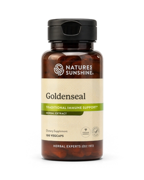 A bottle of Nature's Sunshine Goldenseal herbal supplement with a black cap and amber-brown bottle, shown on a clean white background.