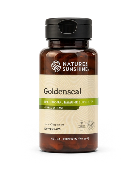 A bottle of Nature's Sunshine Goldenseal herbal supplement with a black cap and amber-brown bottle, shown on a clean white background.