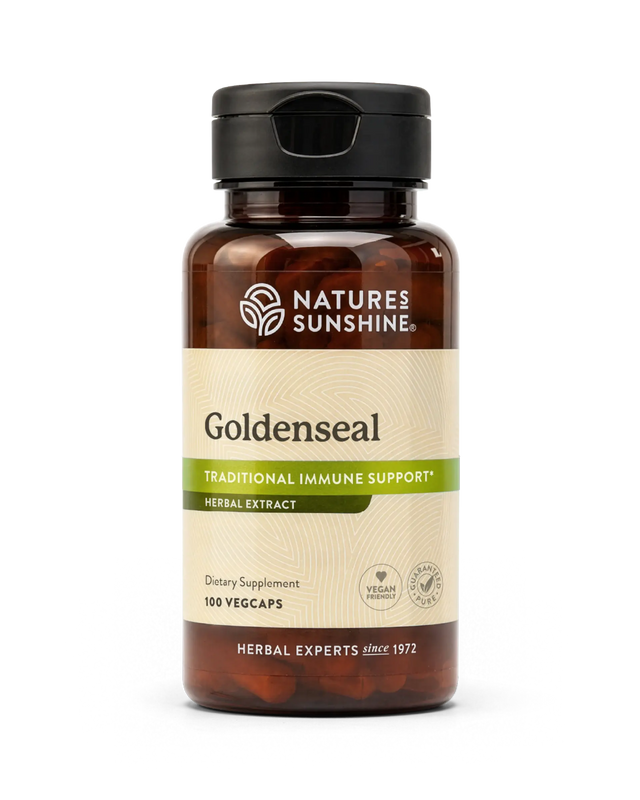 A bottle of Nature's Sunshine Goldenseal herbal supplement with a black cap and amber-brown bottle, shown on a clean white background.