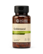 A bottle of Nature's Sunshine Goldenseal herbal supplement with a black cap and amber-brown bottle, shown on a clean white background.