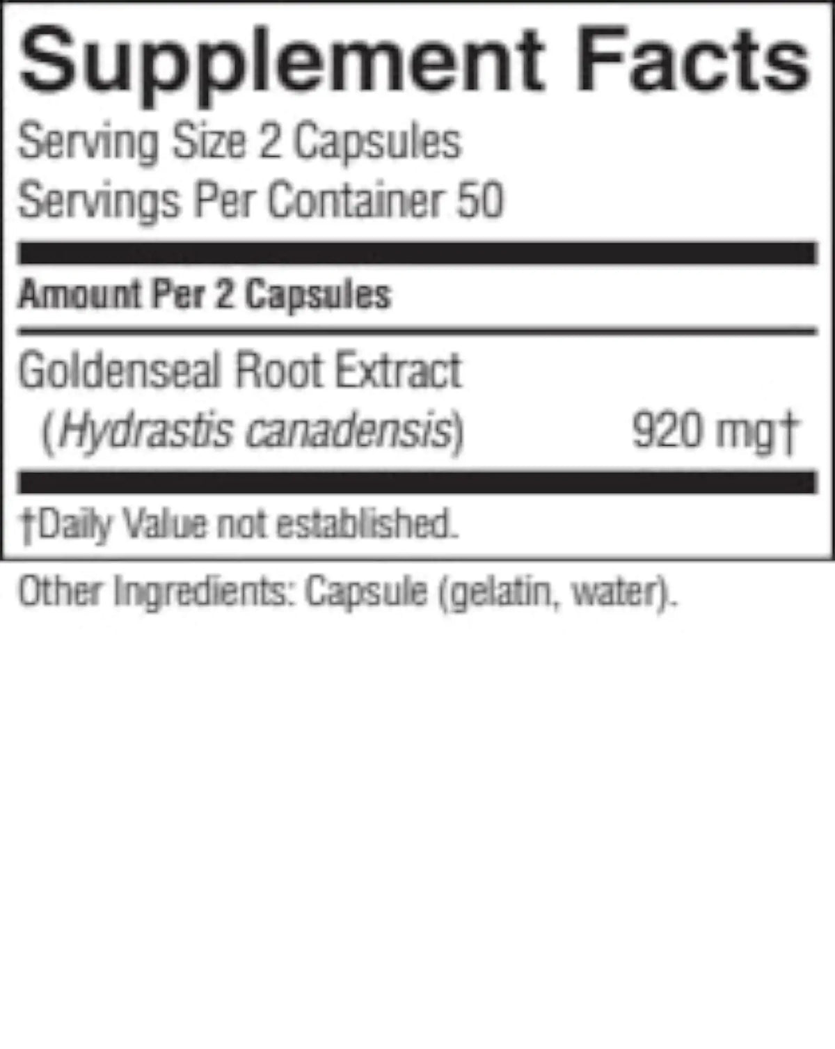 Supplement facts label for Goldenseal Root Extract capsules on a white background