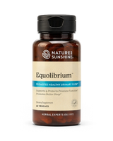 A bottle of Nature's Sunshine Equilibrium dietary supplement, featuring an amber brown bottle, a black cap, and a beige label with blue accents, set against a plain white background.