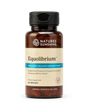 A bottle of Nature's Sunshine Equilibrium dietary supplement, featuring an amber brown bottle, a black cap, and a beige label with blue accents, set against a plain white background.