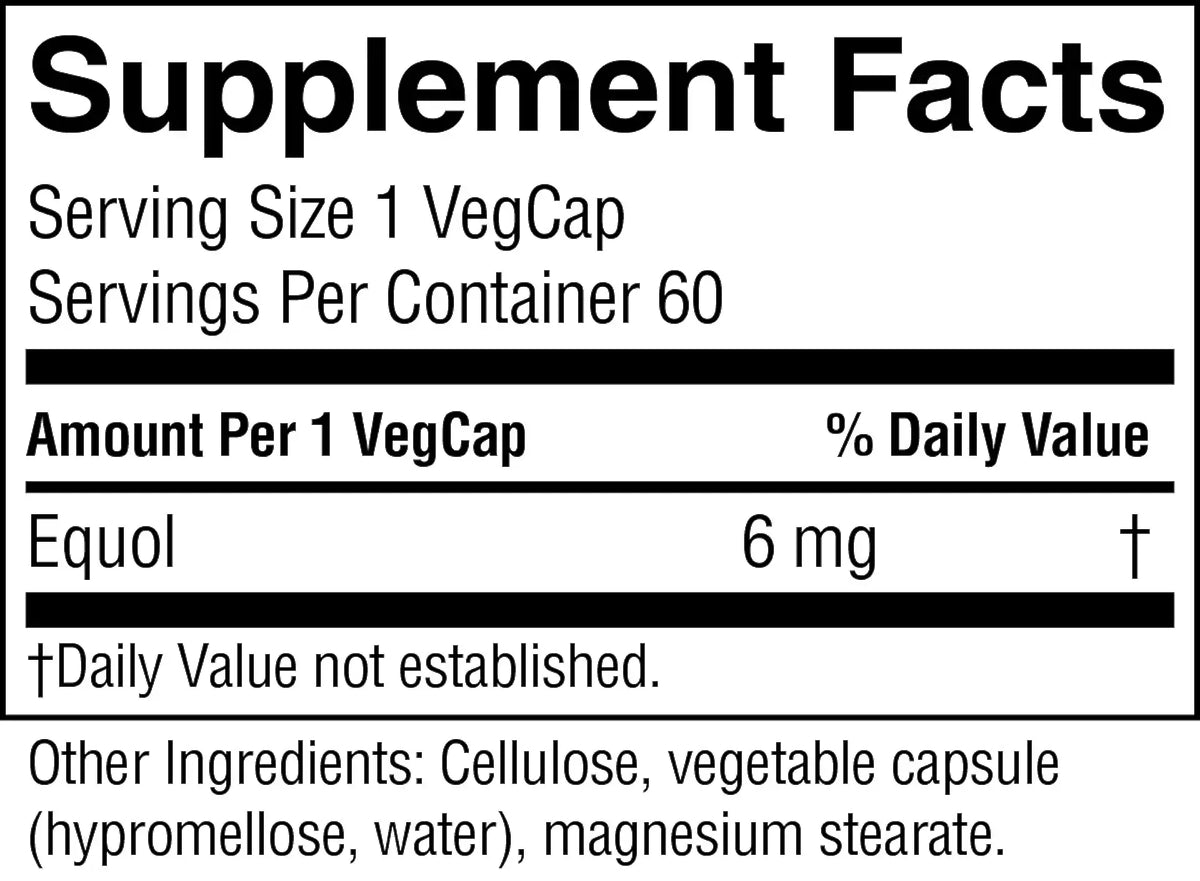 A Supplement Facts label showing Equol 6 mg per 1 VegCap, with serving size 1 VegCap, 60 servings per container, and other ingredients listed at the bottom.
