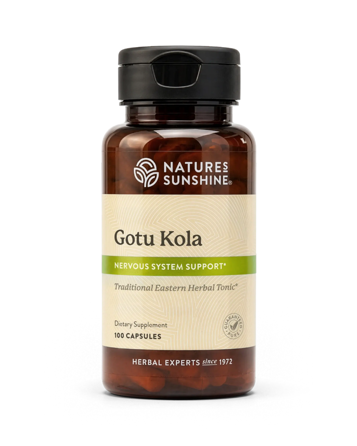 A bottle of Nature's Sunshine Gotu Kola dietary supplement with a black cap and a beige label, shown on a plain white background.