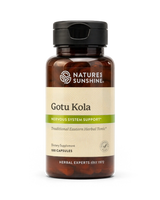 A bottle of Nature's Sunshine Gotu Kola dietary supplement with a black cap and a beige label, shown on a plain white background.