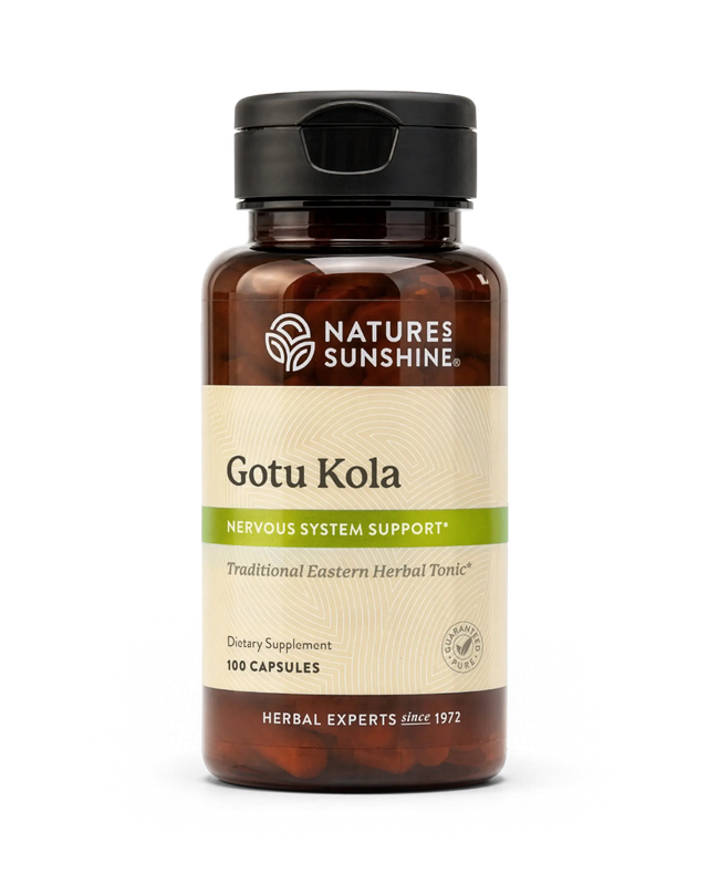 A bottle of Nature's Sunshine Gotu Kola dietary supplement with a black cap and a beige label, shown on a plain white background.