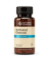 A bottle of Nature's Sunshine Activated Charcoal dietary supplement, 120 capsules, on a clean white background.