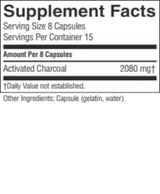 A close-up of a supplement facts label showing 'Supplement Facts' with 'Activated Charcoal 2080 mg' and 'Other Ingredients: Capsule (gelatin, water)'.