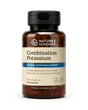 A bottle of Nature's Sunshine Combination Potassium dietary supplement, featuring an amber brown bottle, black cap, and a beige label with blue accents, containing 180 vegcaps.