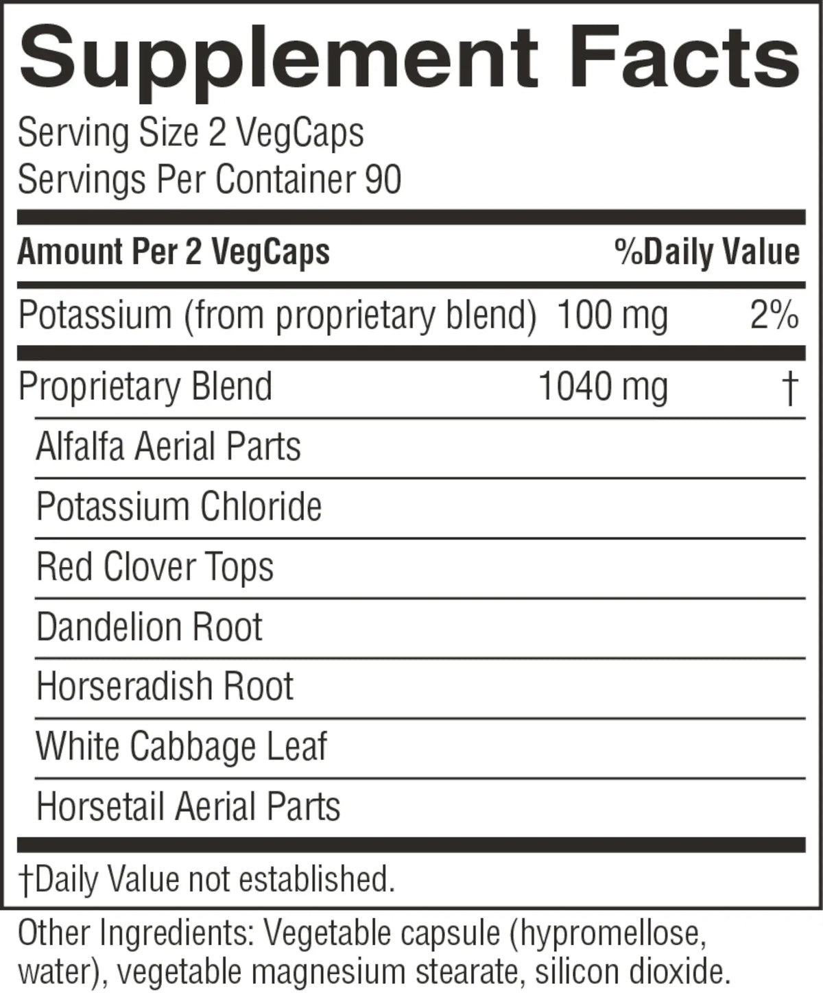 A close-up of a supplement facts label showing the 'Supplement Facts' panel for VegCaps. The label lists potassium from a proprietary blend at 100 mg per 2 VegCaps, with additional ingredients including alfalfa aerial parts, potassium chloride, red clover tops, dandelion root, horseradish root, white cabbage leaf, and horsetail aerial parts.
