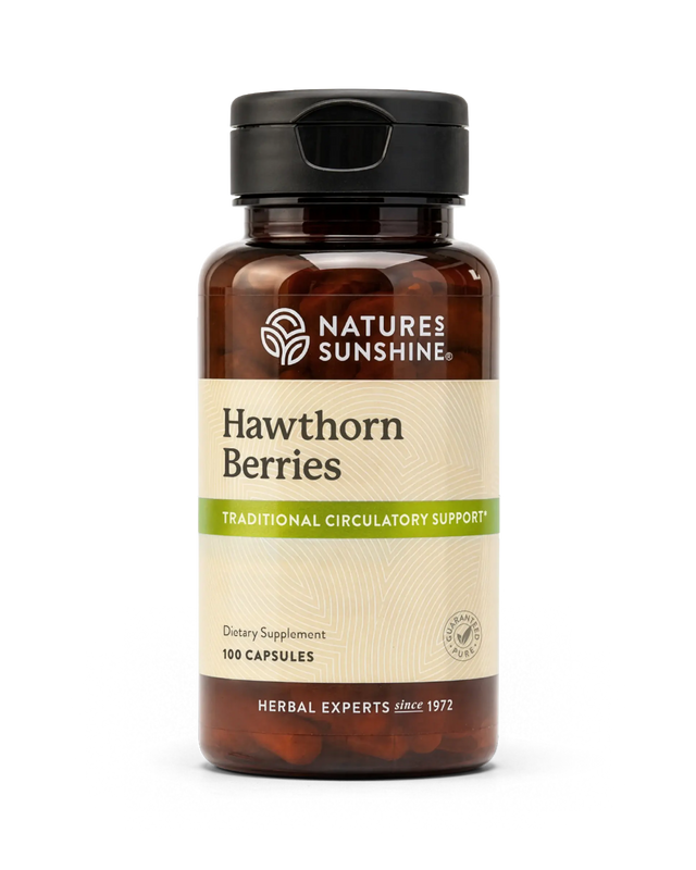 A bottle of Nature's Sunshine Hawthorn Berries dietary supplement, featuring an amber brown bottle, black cap, and a beige label with green accents, set against a plain white background.
