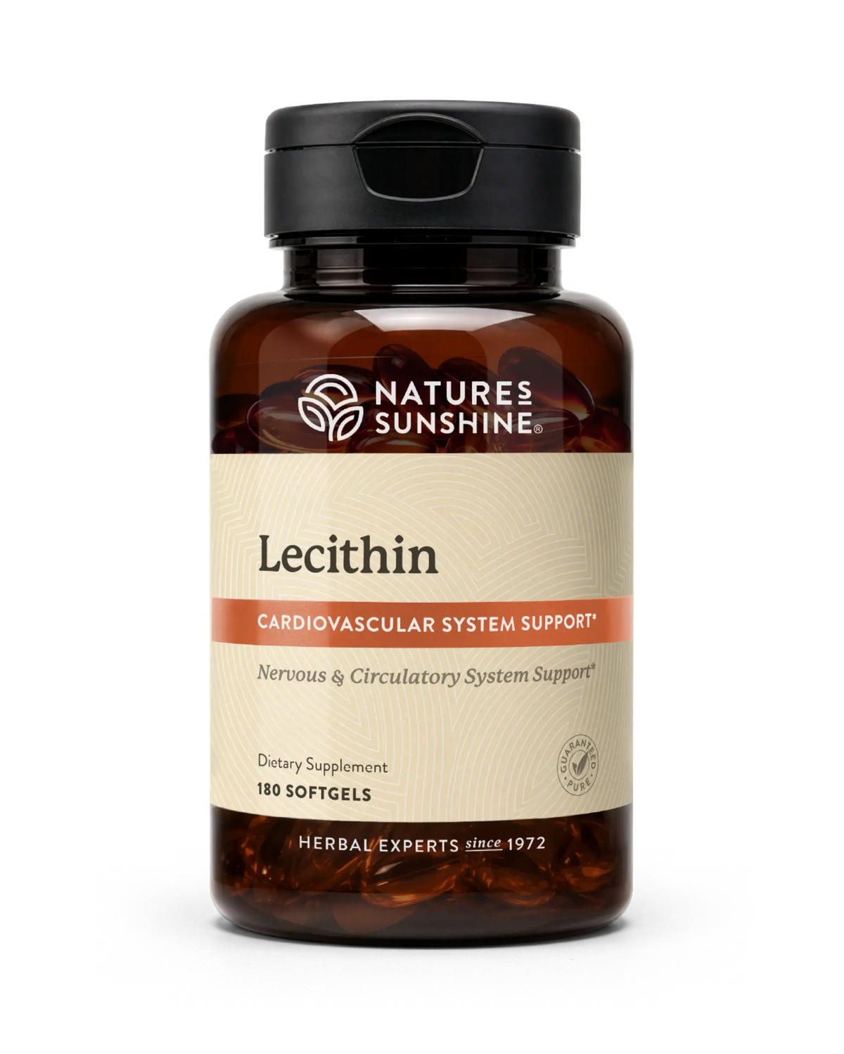 A bottle of Nature's Sunshine Lecithin dietary supplement with amber brown plastic, a black cap, and a beige label with orange accents, containing 180 softgels.