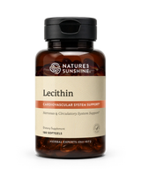 A bottle of Nature's Sunshine Lecithin dietary supplement with amber brown plastic, a black cap, and a beige label with orange accents, containing 180 softgels.