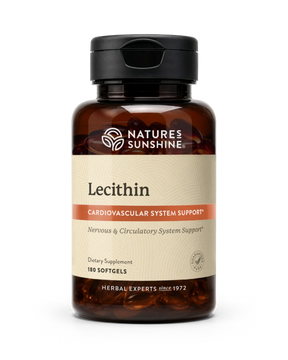 A bottle of Nature's Sunshine Lecithin dietary supplement with amber brown plastic, a black cap, and a beige label with orange accents, containing 180 softgels.