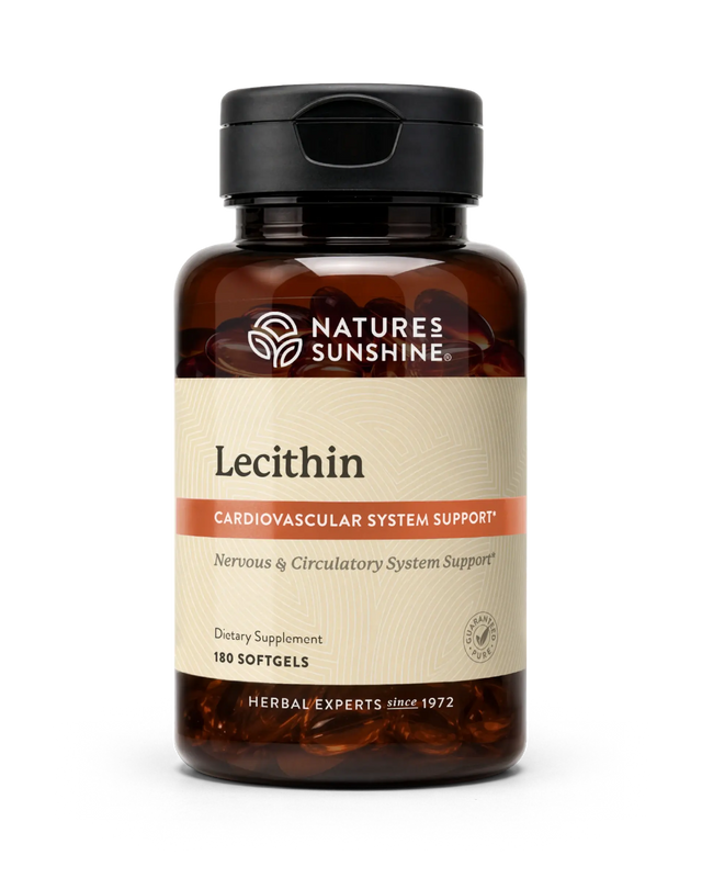 A bottle of Nature's Sunshine Lecithin dietary supplement with amber brown plastic, a black cap, and a beige label with orange accents, containing 180 softgels.