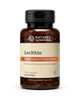 A bottle of Nature's Sunshine Lecithin dietary supplement with amber brown plastic, a black cap, and a beige label with orange accents, containing 180 softgels.