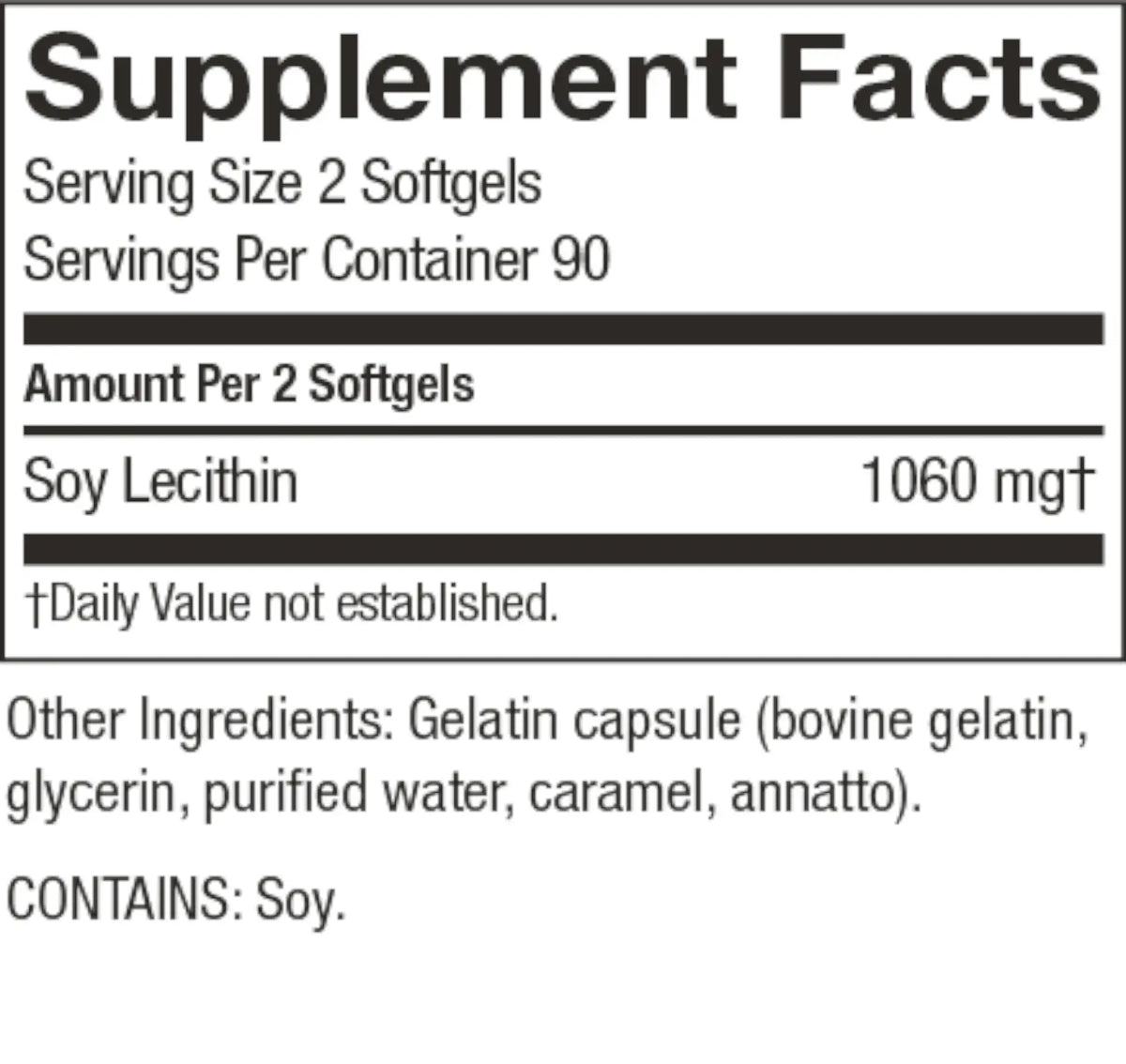 A close-up of a supplement facts label showing serving size 2 softgels, 90 servings per container, soy lecithin 1060 mg, and other ingredients including bovine gelatin, glycerin, purified water, caramel, and annatto.