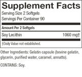 A close-up of a supplement facts label showing serving size 2 softgels, 90 servings per container, soy lecithin 1060 mg, and other ingredients including bovine gelatin, glycerin, purified water, caramel, and annatto.