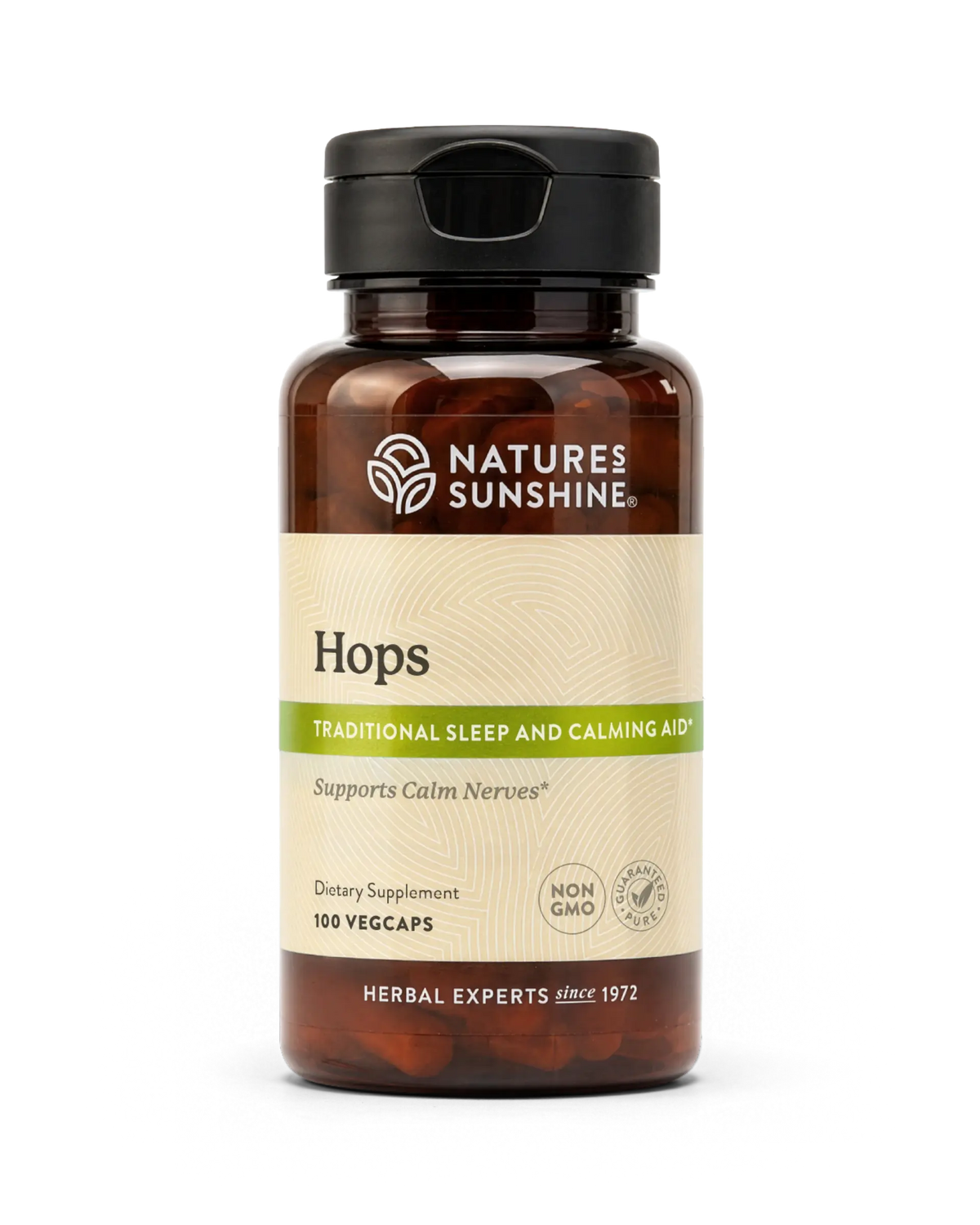 A bottle of Nature's Sunshine Hops dietary supplement with a black cap and amber-brown bottle, featuring a beige label with green accents, on a white background.