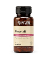A bottle of Natures Sunshine Horsetail dietary supplement with a black cap and amber-brown bottle, on a white background.
