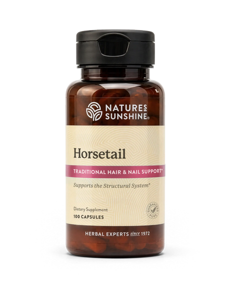 A bottle of Natures Sunshine Horsetail dietary supplement with a black cap and amber-brown bottle, on a white background.