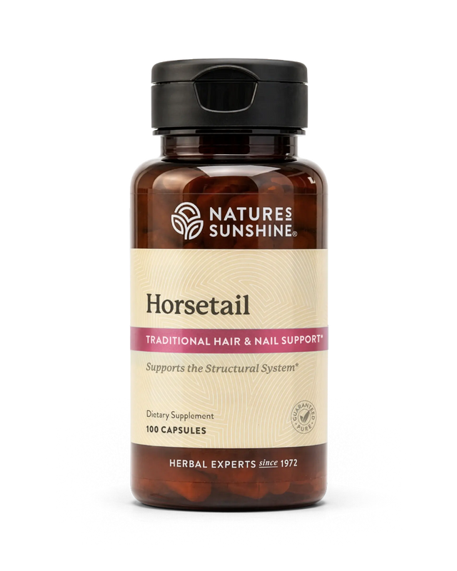 A bottle of Natures Sunshine Horsetail dietary supplement with a black cap and amber-brown bottle, on a white background.