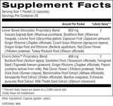 A close-up of a black supplement facts label showing serving size 1 packet (3 capsules) and amount per packet 850 mg for the Lower Bowel Stimulator Proprietary Blend, with listed ingredients and daily value information.