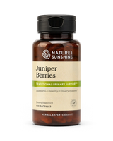 A bottle of Nature's Sunshine Juniper Berries dietary supplement, featuring an amber brown bottle, a black flip-top cap, and a beige label with green accents, set against a plain white background.