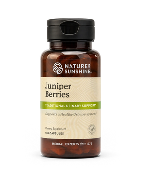 A bottle of Nature's Sunshine Juniper Berries dietary supplement, featuring an amber brown bottle, a black flip-top cap, and a beige label with green accents, set against a plain white background.