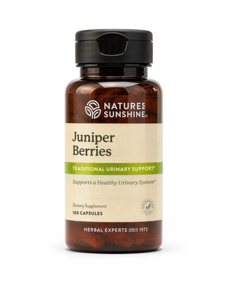 A bottle of Nature's Sunshine Juniper Berries dietary supplement, featuring an amber brown bottle, a black flip-top cap, and a beige label with green accents, set against a plain white background.