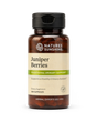 A bottle of Nature's Sunshine Juniper Berries dietary supplement, featuring an amber brown bottle, a black flip-top cap, and a beige label with green accents, set against a plain white background.
