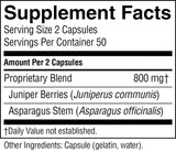 A close-up of a supplement facts label showing serving size 2 capsules, 50 servings per container, and ingredients including proprietary blend 800 mg, juniper berries, and asparagus stem.