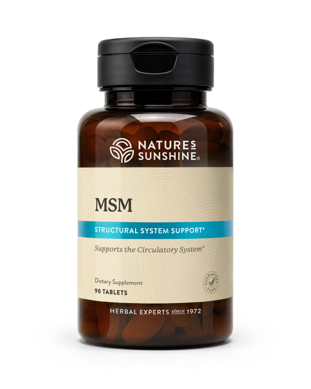 A bottle of Natures Sunshine MSM Structural System Support dietary supplement, containing 90 tablets, on a clean white background.