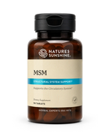 A bottle of Natures Sunshine MSM Structural System Support dietary supplement, containing 90 tablets, on a clean white background.