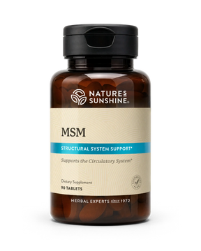 A bottle of Natures Sunshine MSM Structural System Support dietary supplement, containing 90 tablets, on a clean white background.