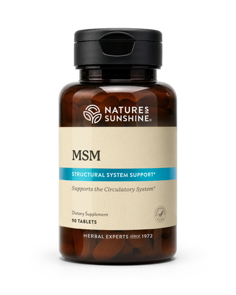 A bottle of Natures Sunshine MSM Structural System Support dietary supplement, containing 90 tablets, on a clean white background.