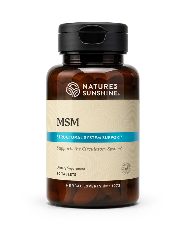 A bottle of Natures Sunshine MSM Structural System Support dietary supplement, containing 90 tablets, on a clean white background.