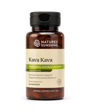 A bottle of Nature's Sunshine Kava Kava dietary supplement with a black cap and amber brown bottle, on a white background.