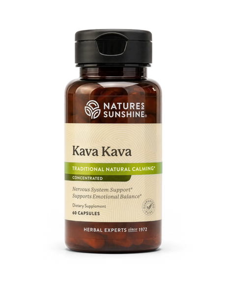 A bottle of Nature's Sunshine Kava Kava dietary supplement with a black cap and amber brown bottle, on a white background.