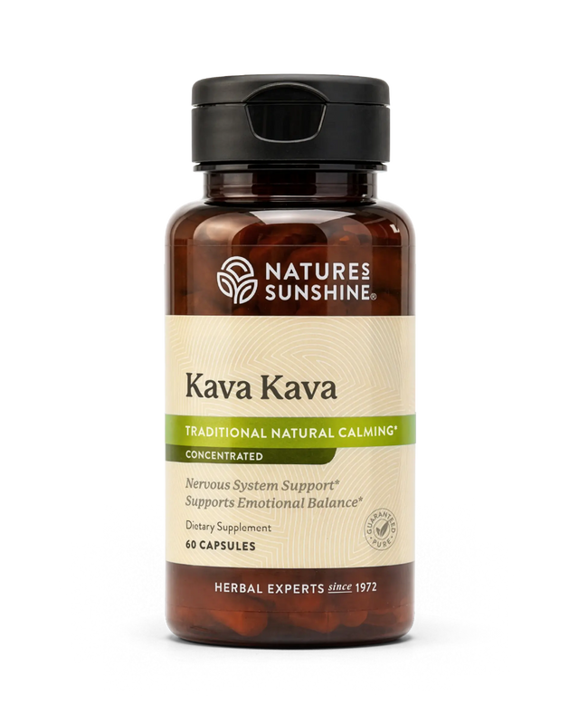 A bottle of Nature's Sunshine Kava Kava dietary supplement with a black cap and amber brown bottle, on a white background.