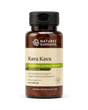 A bottle of Nature's Sunshine Kava Kava dietary supplement with a black cap and amber brown bottle, on a white background.