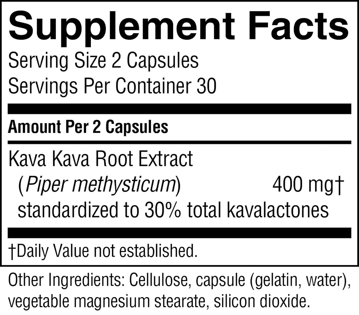A close-up of a supplement facts label showing serving size 2 capsules, servings per container 30, and kava kava root extract at 400 mg standardized to 30% total kavalactones, with other ingredients listed below.