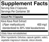 A close-up of a supplement facts label showing serving size 2 capsules, servings per container 30, and kava kava root extract at 400 mg standardized to 30% total kavalactones, with other ingredients listed below.