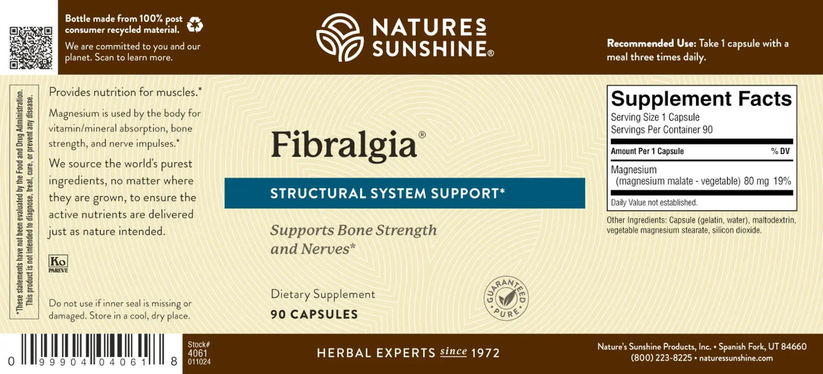Front and back views of a Nature's Sunshine Fibralgia supplement box, showing the beige label design, product details, and a Supplement Facts panel.